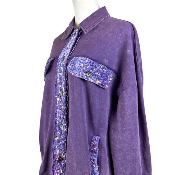 White Birch Purple Mineral Wash Velvet Trim Sequis Button Up Relaxed Shacket - Picture 12 of 16